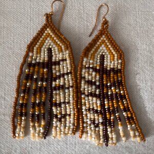 Brown and Gold Beaded Drop Earrings Owl Feather